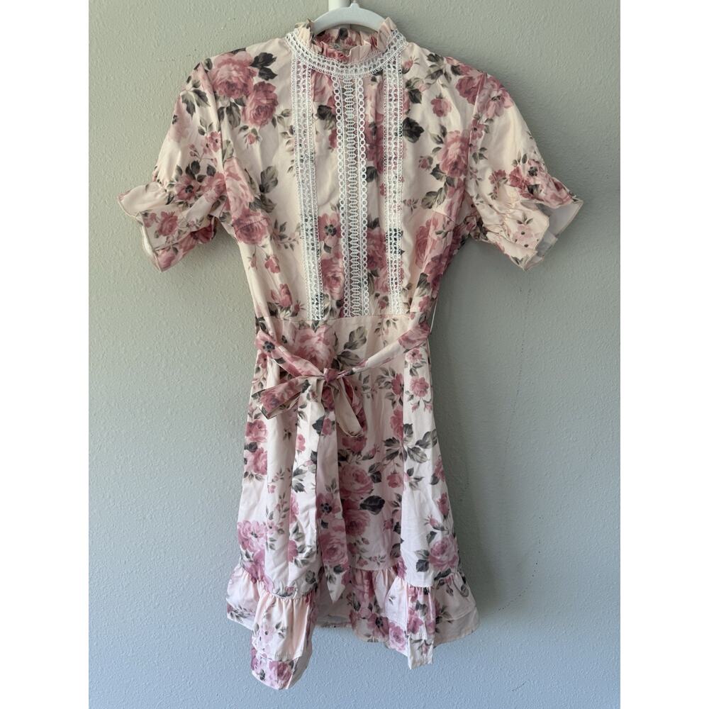 Parisian Pink Floral Lace A-Line Dress High Neck Short Sleeve Above Knee